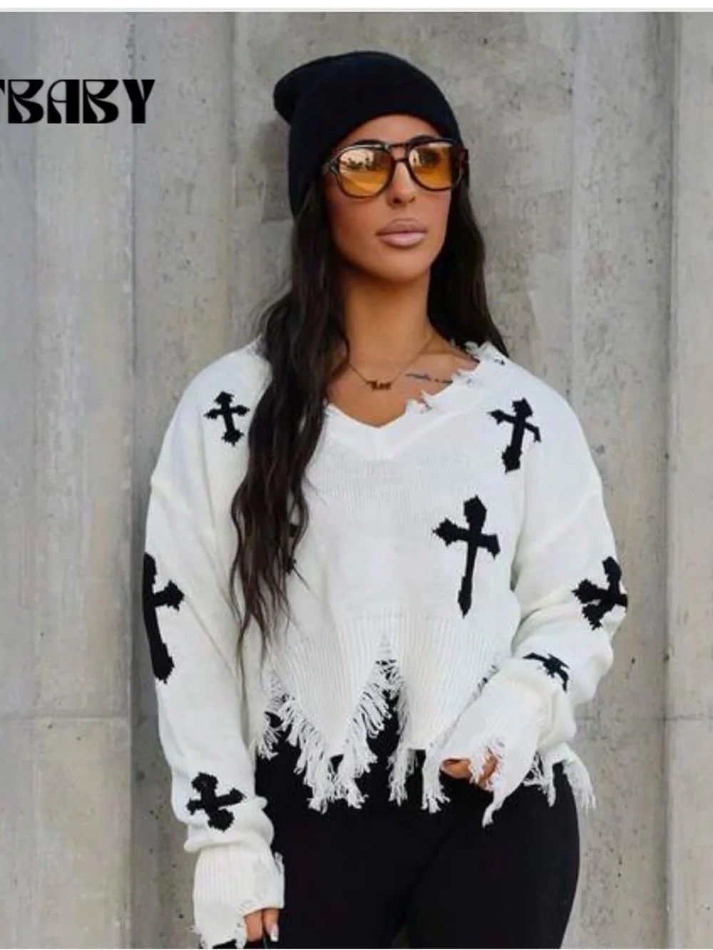 SHEIN White Distressed V-Neck Sweater with Black Cross Motifs